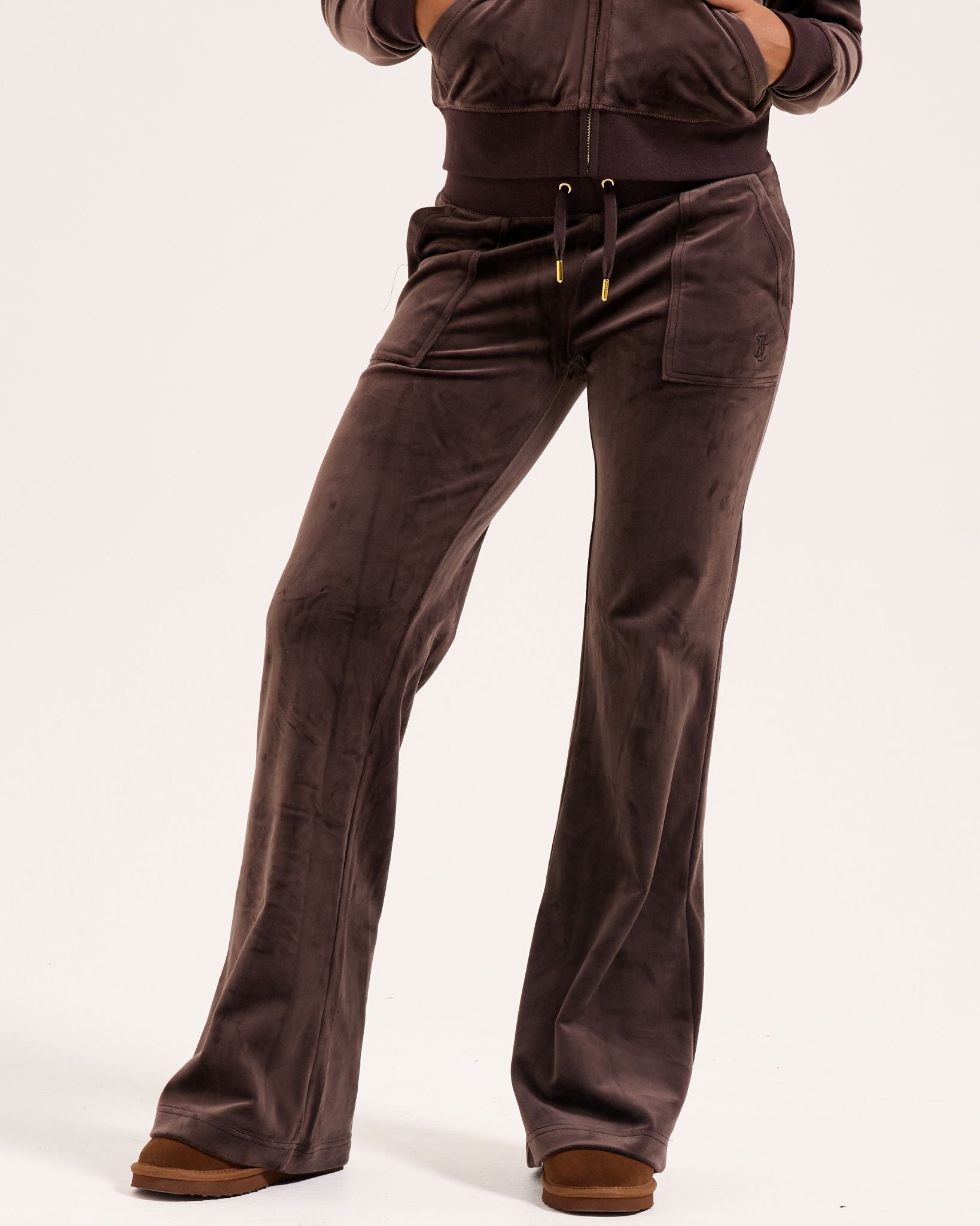 Juicy Couture Classic Velour Layla Low Rise Pocket Flare Gold Java