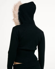 Knitted Diamante Hoodie With Fur Trim Collar Black
