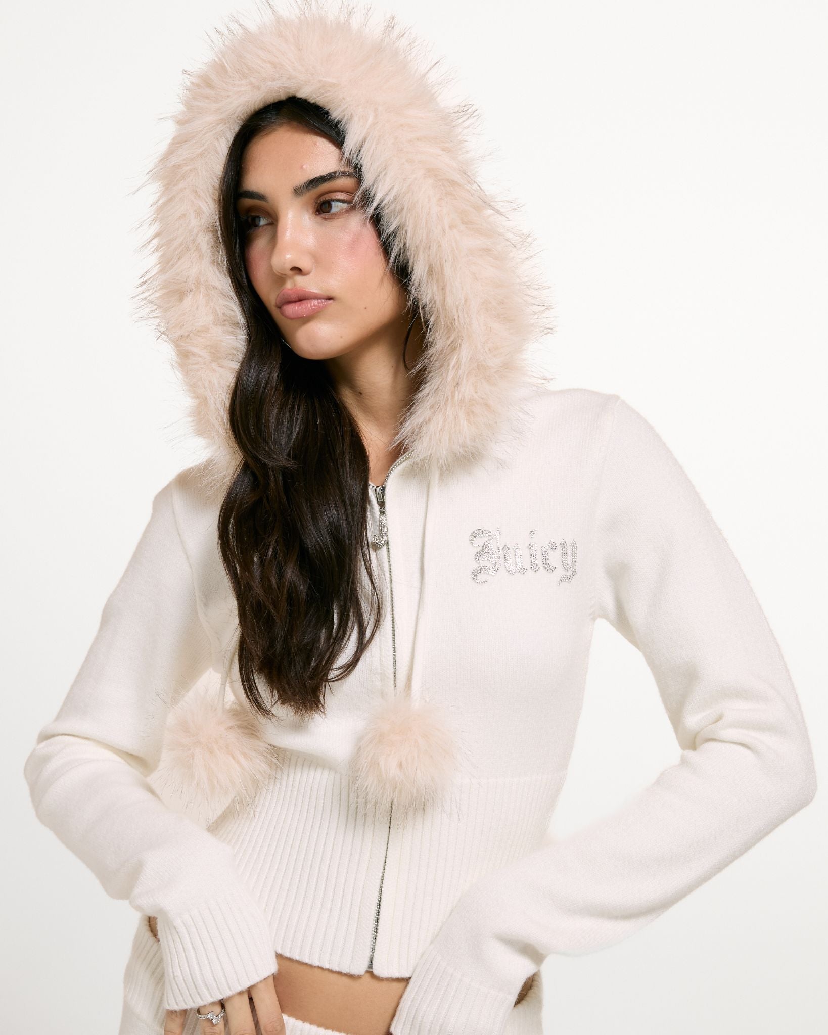 Knitted Diamante Hoodie With Fur Trim Collar Sugar Swizzle