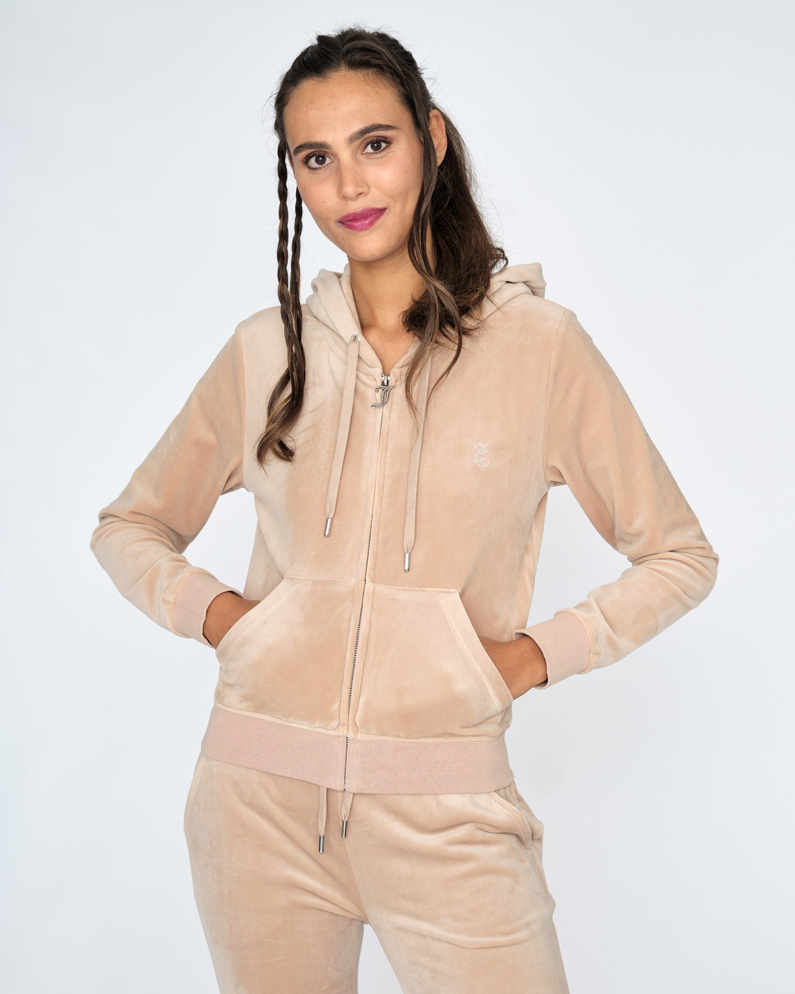 Classic Velour Diamante Robertson Zip Hoodie Warm Taupe - Juicy Couture Scandinavia