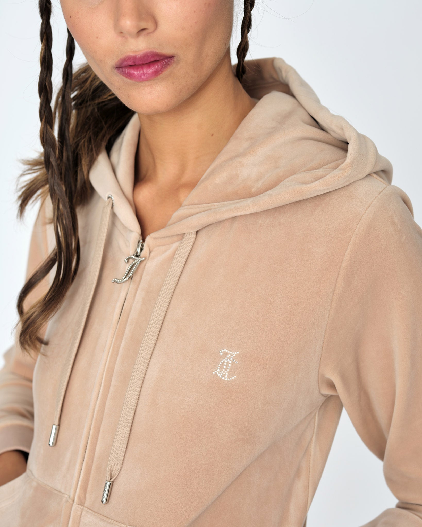 Classic Velour Diamante Robertson Zip Hoodie Warm Taupe - Juicy Couture Scandinavia